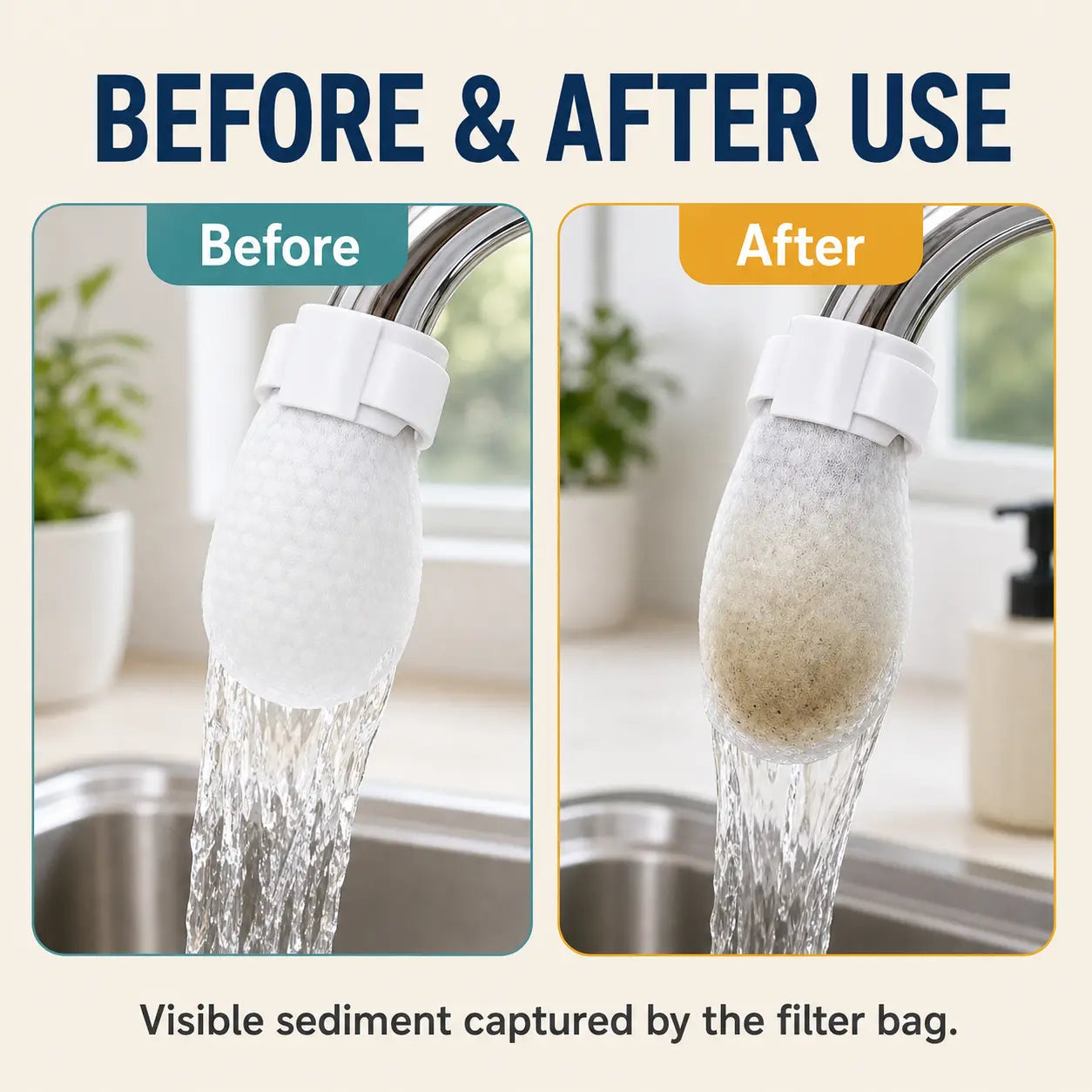 50PCS Disposable Cotton Faucet Filter Bags- Splash-Reducing Sediment Filter Socks for Kitchen & Bathroom