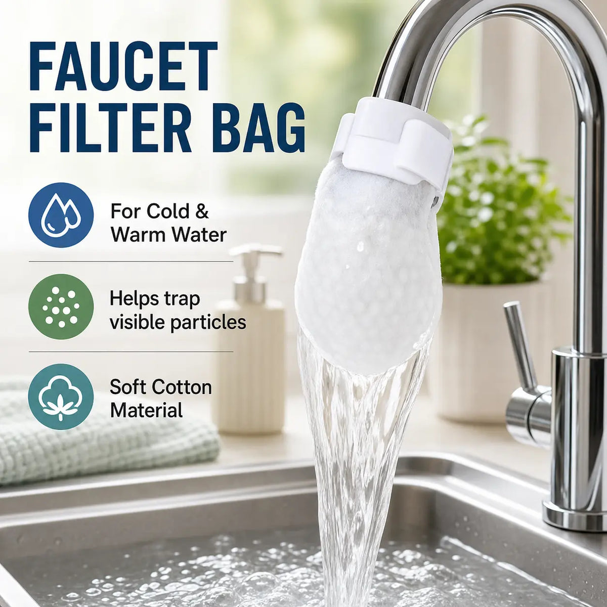 50PCS Disposable Cotton Faucet Filter Bags- Splash-Reducing Sediment Filter Socks for Kitchen & Bathroom